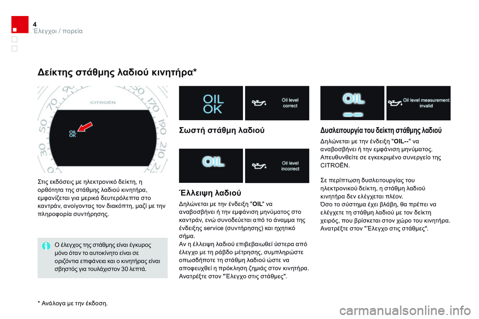 CITROEN DS4 2014  ΟΔΗΓΌΣ ΧΡΉΣΗΣ (in Greek) 4Έλεγχοι / πορεία
DS4-add_el_Chap01_controle-de-marche_ed02-2013
 Στις εκδόσεις με ηλεκτρονικό δείκτη, η ορθότητα της στάθμης λαδιο