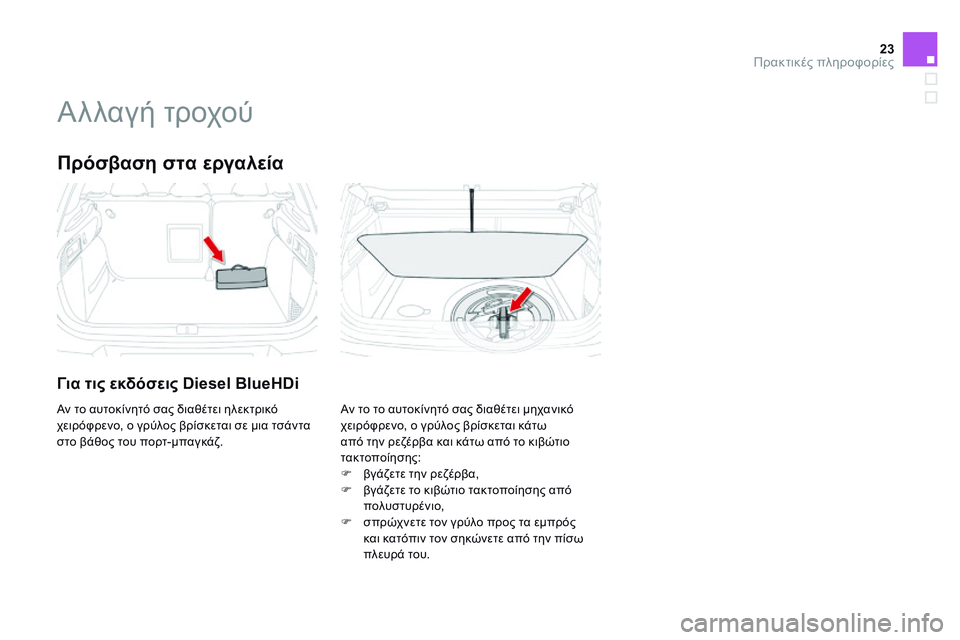 CITROEN DS4 2014  ΟΔΗΓΌΣ ΧΡΉΣΗΣ (in Greek) 23Πρακτικές πληροφορίες
Ds4-add_el_Chap11_info-pratiques_ed02-2013
               Αλλαγή τροχού 
  Πρόσβαση στα εργαλεία 
  Για τις εκδόσ