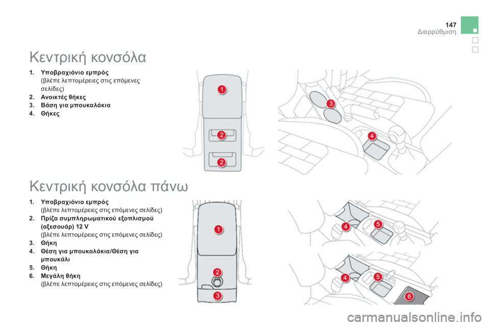 CITROEN DS4 2013  ΟΔΗΓΌΣ ΧΡΉΣΗΣ (in Greek) 147Διαρρύθμιση
   
 
 
 
 
 
 
 
 
 
 
 
 
 
Κεντρική κονσόλα 
1.Υποβραχιόνιο εμπρός
 (βλέπε λεπτομέρειες στις επόμενεςσελί