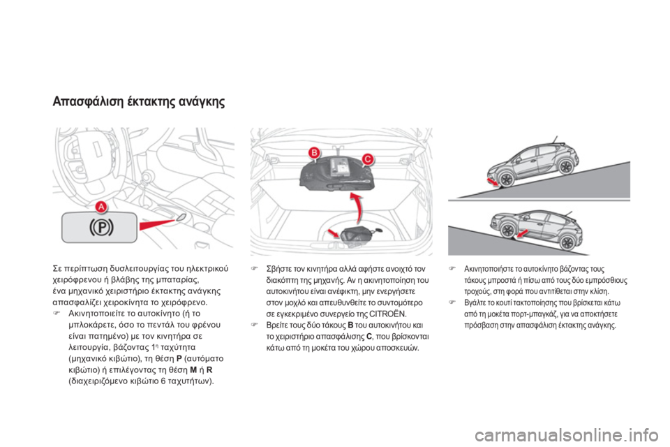 CITROEN DS4 2013  ΟΔΗΓΌΣ ΧΡΉΣΗΣ (in Greek) Σε περίπτωση δυσλειτουργίας του ηλεκτρικούχειρόφρενου ή βλάβης της μπαταρίας,. μηχανικό χειριστήριο έκτα