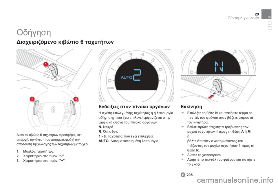 CITROEN DS4 2013  ΟΔΗΓΌΣ ΧΡΉΣΗΣ (in Greek) 29Σύντομη γνωριμία
 
Οδήγηση 
 Αυτό το κιβώτιο 6 ταχυτήτων προσφέρει, κατ επιλογή, την άνεση του αυτοματισμού ή 