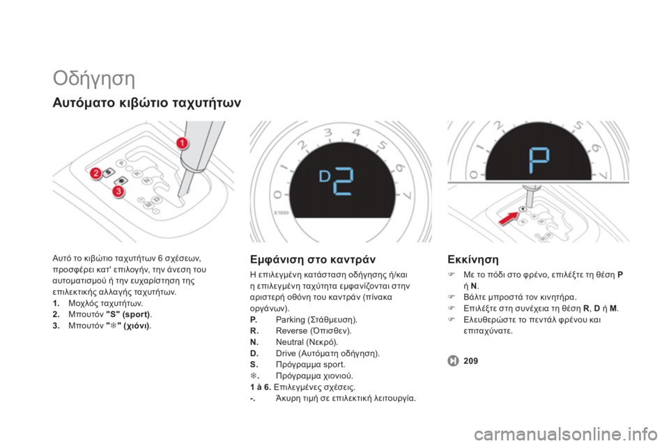 CITROEN DS4 2013  ΟΔΗΓΌΣ ΧΡΉΣΗΣ (in Greek)   Οδήγηση 
Αυτόματο κιβώτιο ταχυτήτων
 Αυτό το κιβώτιο ταχυτήτων 6 σχέσεων,
προσφέρει κατ επιλογήν, την άνεση 