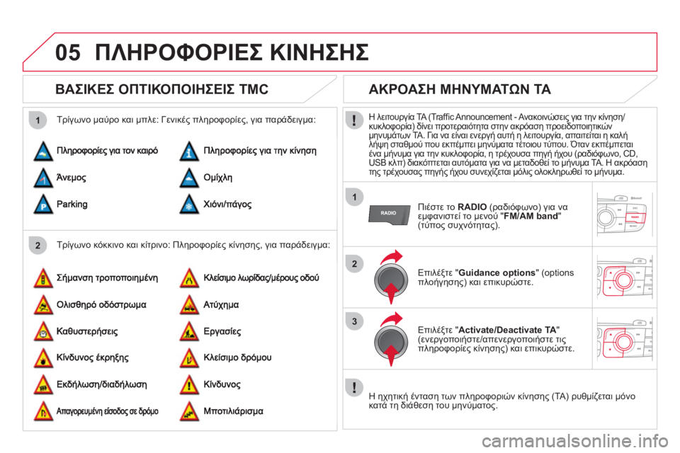 CITROEN DS4 2013  ΟΔΗΓΌΣ ΧΡΉΣΗΣ (in Greek) 05
2 1
1
2
3
ΠΛΗΡΟΦΟΡΙΕΣ ΚΙΝΗΣΗΣ
 
 
 
 
 
 
 
ΒΑΣΙΚΕΣ ΟΠΤΙΚΟΠΟΙΗΣΕΙΣ TMC 
 
 
Τρίγωνο κόκκινο και κίτρινο: Πληροφορίες κίν