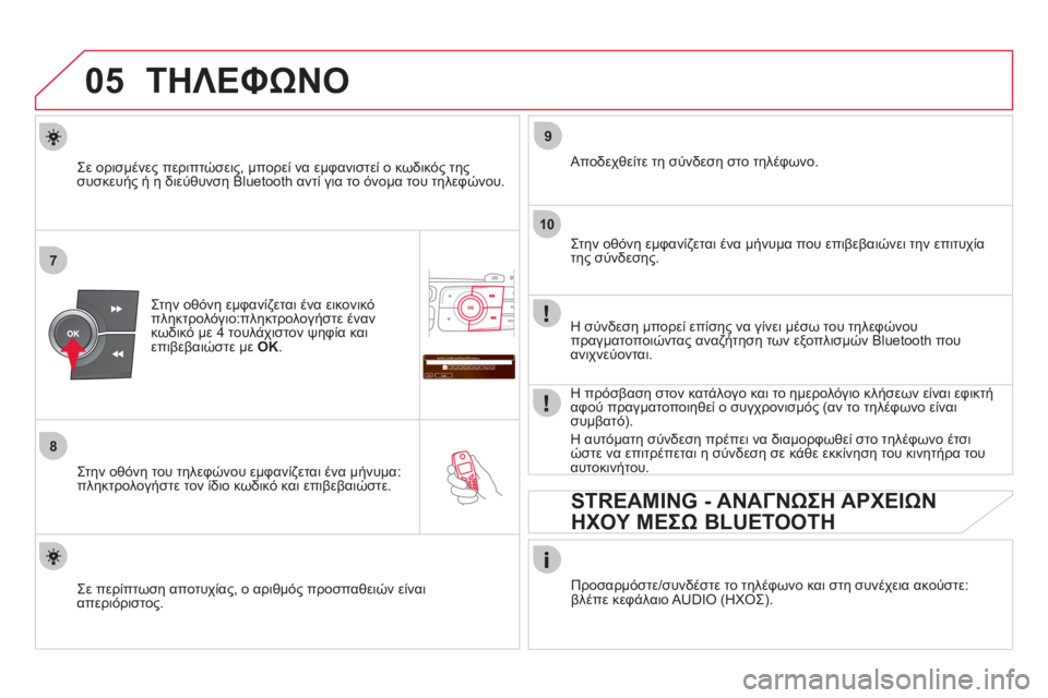CITROEN DS4 2013  ΟΔΗΓΌΣ ΧΡΉΣΗΣ (in Greek) 05
7
8
Saisir code authentification
01
OK Del23456789 _
9
10
ΤΗΛΕΦΩΝΟ
Στην οθόνη εμφανίζεται ένα εικονικό
πληκτρολόγιο:πληκτρολογήστε 