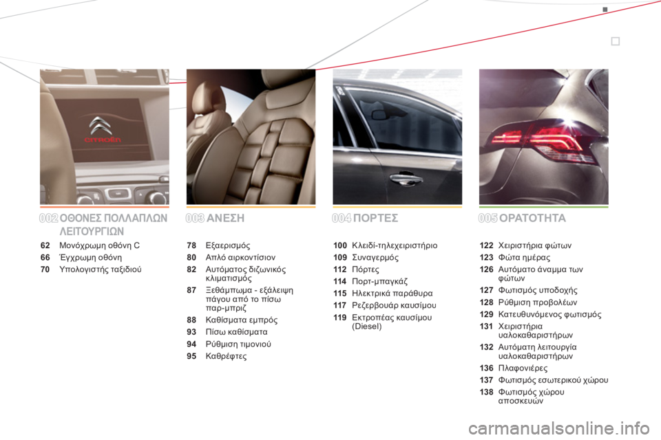 CITROEN DS4 2011  ΟΔΗΓΌΣ ΧΡΉΣΗΣ (in Greek) ΟΘΟΝΕΣ ΠΟΛΛΑΠΛΩΝ 
ΛΕΙΤΟΥΡΓΙΩΝΑΝΕΣΗ ΠΟΡΤΕΣ ΟΡΑΤΟΤΗΤΑ
62Μονόχρωμη οθόνη C
66 Έγχρωμη οθόνη
70Υπολογισ τής ταξιδι
