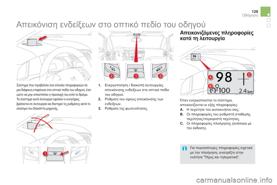 CITROEN DS5 2015  ΟΔΗΓΌΣ ΧΡΉΣΗΣ (in Greek) 129
DS5_el_Chap04_conduite_ed01-2015
Απεικόνιση ενδείξεων στο οπτικό πεδίο του οδηγού
ςύστημα που προβάλ λει ένα σύνολο πληρο
