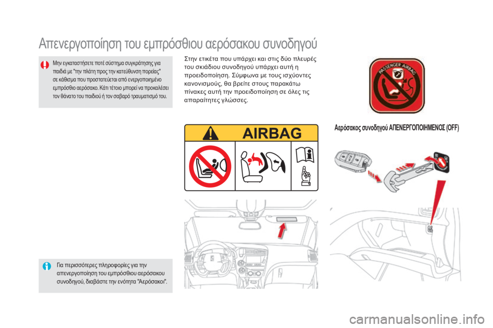 CITROEN DS5 2015  ΟΔΗΓΌΣ ΧΡΉΣΗΣ (in Greek) DS5_el_Chap06_securite-enfants_ed01-2015
Απενεργοποίηση του εμπρόσθιου αερόσακου συνοδηγού
για περισσότερες πληροφορίες για τ