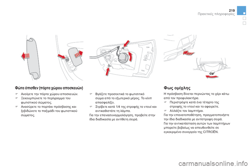 CITROEN DS5 2015  ΟΔΗΓΌΣ ΧΡΉΣΗΣ (in Greek) 219
DS5_el_Chap08_info-pratiques_ed01-2015
Φώτα όπισθεν (πόρτα χώρου αποσκευών)
F Βγάζετε προσεκτικά το φωτισιτικό σώμα από το εξ