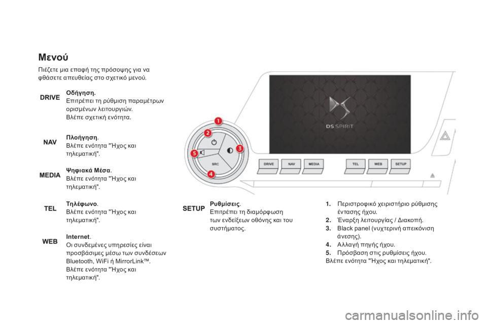 CITROEN DS5 2015  ΟΔΗΓΌΣ ΧΡΉΣΗΣ (in Greek) DS5_el_Chap01_controle-de-marche_ed01-2015
Μενού
Πιέζετε μια επαφή της πρόσοψης για να 
φθάσετε απευθείας στο σχετικό μενού.Οδήγ