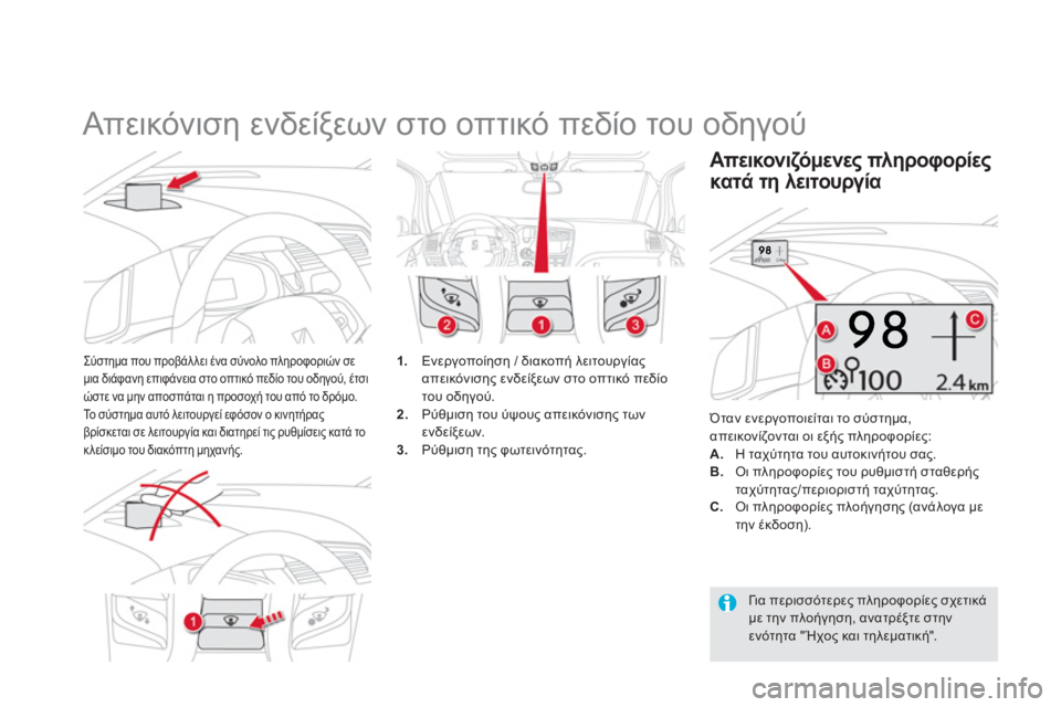 CITROEN DS5 2013  ΟΔΗΓΌΣ ΧΡΉΣΗΣ (in Greek)    
 
 
 
 
Απεικόνιση ενδείξεων στο οπτικό πεδίο του οδηγού 
Σύστημα που προβάλλει ένα σύνολο πληροφοριών σε 
μια