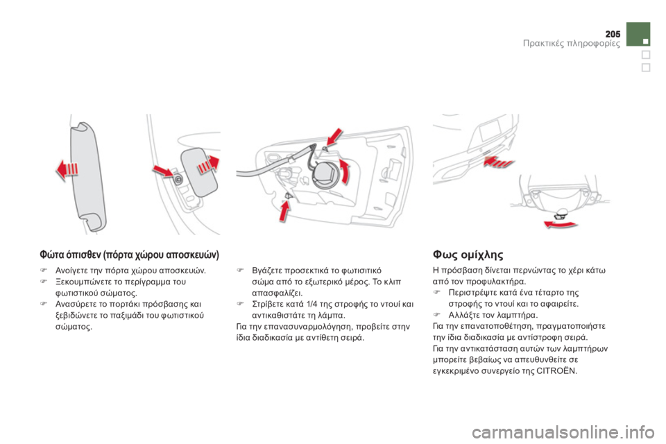 CITROEN DS5 2013  ΟΔΗΓΌΣ ΧΡΉΣΗΣ (in Greek) Πρακτικές πληροφορίες
 
 
Φώτα όπισθεν (πόρτα χώρου αποσκευών) 
�) 
 Βγάζετε προσεκτικά το φωτισιτικό 
σώμα από τ