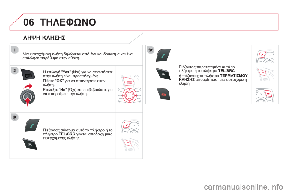 CITROEN DS5 2013  ΟΔΗΓΌΣ ΧΡΉΣΗΣ (in Greek) 06
SR
C
SR
C
ΤΗΛΕΦΩΝΟ
   
ΛΗΨΗ ΚΛΗΣΗΣ 
 
 
Μια εισερχόμενη κλήση δηλώνεται από ένα κουδούνισμα και ένα επάλληλο παράθ