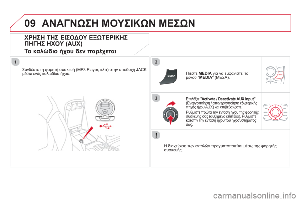 CITROEN DS5 2013  ΟΔΗΓΌΣ ΧΡΉΣΗΣ (in Greek) 09ΑΝΑΓΝΩΣΗ ΜΟΥΣΙΚΩΝ ΜΕΣΩΝ
 
 
ΧΡΗΣΗ ΤΗΣ ΕΙΣΟΔΟΥ ΕΞΩΤΕΡΙΚΗΣ 
ΠΗΓΗΣ ΗΧΟΥ (AUX)  
Το καλώδιο ήχου δεν παρέχεται 
Συνδέ
