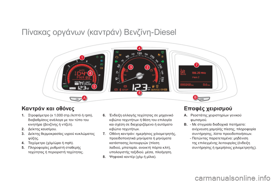 CITROEN DS5 2013  ΟΔΗΓΌΣ ΧΡΉΣΗΣ (in Greek)    
 
 
 
 
Πίνακας οργάνων (καντράν) Βενζίνη-Diesel 
1. 
 Στρ ο φ όμε τρ ο (x 1.000 στρ./λεπτό ή rpm), διαβαθμίσεις ανάλογα με τ