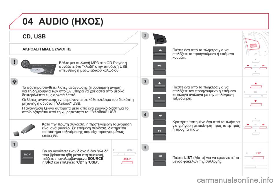 CITROEN DS5 2013  ΟΔΗΓΌΣ ΧΡΉΣΗΣ (in Greek) 04
   
 
 
 
 
 
 
 
 
 
 
CD, USB 
AUDIO (ΗΧΟΣ) 
 
 
ΑΚΡΟΑΣΗ ΜΙΑΣ ΣΥΛΛΟΓΗΣ 
 
   
Βάλτε μια συλλογή MP3 στο 
CD Player ή
συνδέστε ένα "κλειδ