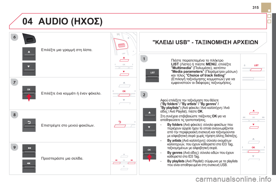 CITROEN DS5 2013  ΟΔΗΓΌΣ ΧΡΉΣΗΣ (in Greek) 04
315
Επιλέ
ξτε μια γραμμή στη λίστα.  
Επιλέ
ξτε ένα κομμάτι ή έναν φάκελο.  
Π
ροσπεράστε μια σελίδα. Επιστρ
έψτε