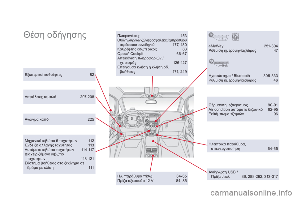CITROEN DS5 2013  ΟΔΗΓΌΣ ΧΡΉΣΗΣ (in Greek)   Θέση οδήγησης 
 Πλαφονιέρες 15 3 Οθόνη λυχνιών ζώνης ασφαλείας/εμπρόσθιουαερόσακου συνοδηγού 177, 18 0 Καθρέφτης