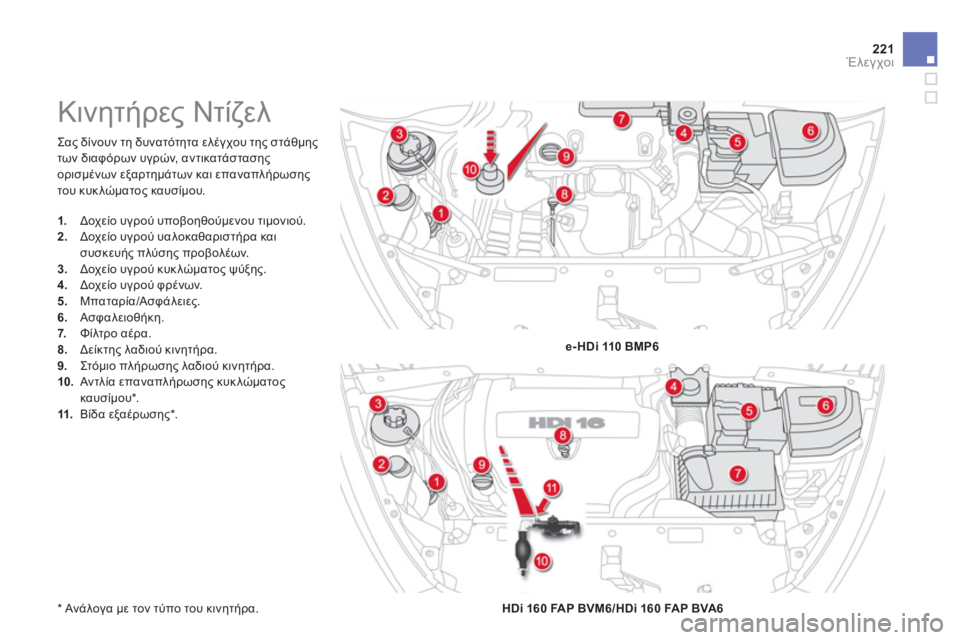 CITROEN DS5 2012  ΟΔΗΓΌΣ ΧΡΉΣΗΣ (in Greek) 221Έλεγχοι
  Σας δίνουν τη δυνατότητα ελέγχου της στάθμης 
των διαφ
όρων υγρών, αντικατάστασηςορισμένων εξαρτη