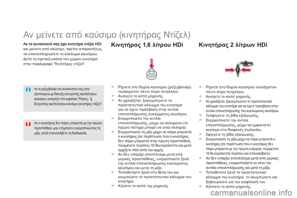CITROEN DS5 2012  ΟΔΗΓΌΣ ΧΡΉΣΗΣ (in Greek) και μείνετε από καύσιμο, πρέπει απαραιτήτωςνα επαναπληρώσετε το κύκλωμα καυσίμου.
Δείτε τη σχετική εικόνα το