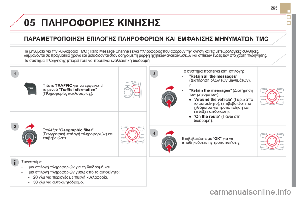CITROEN DS5 2012  ΟΔΗΓΌΣ ΧΡΉΣΗΣ (in Greek) 05
1
2
3
4
265
ΠΛΗΡΟΦΟΡΙΕΣ ΚΙΝΗΣΗΣ
 
 
 
 
 
 
 
 
 
 
ΠΑΡΑΜΕΤΡΟΠΟΙΗΣΗ ΕΠΙΛΟΓΗΣ ΠΛΗΡΟΦΟΡΙΩΝ ΚΑΙ ΕΜΦΑΝΙΣΗΣ ΜΗΝΥΜΑΤΩΝ TMC 
 
 
Τ