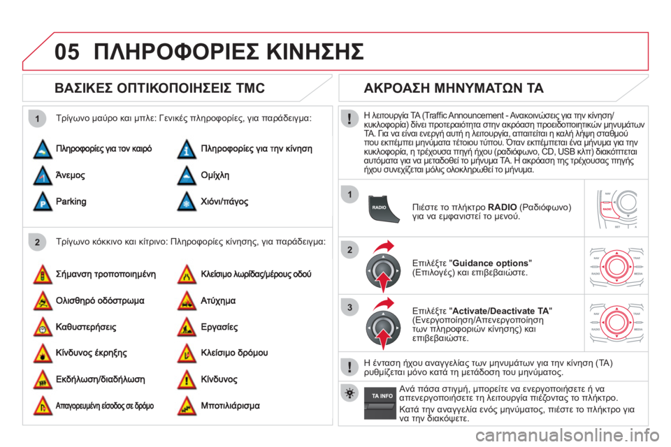 CITROEN DS5 2012  ΟΔΗΓΌΣ ΧΡΉΣΗΣ (in Greek) 05
2 1
1
2
3
ΠΛΗΡΟΦΟΡΙΕΣ ΚΙΝΗΣΗΣ
 
 
 
 
 
 
 
ΒΑΣΙΚΕΣ ΟΠΤΙΚΟΠΟΙΗΣΕΙΣ TMC 
 
 
Τρίγωνο κόκκινο και κίτρινο: Πληροφορίες κίν