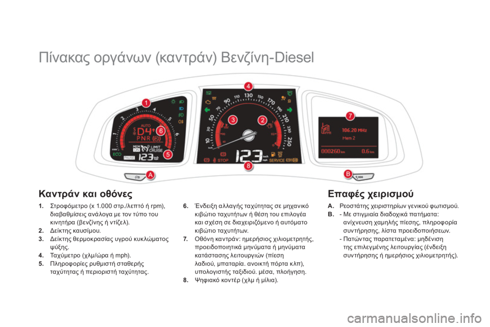 CITROEN DS5 2012  ΟΔΗΓΌΣ ΧΡΉΣΗΣ (in Greek)    
 
 
 
 
Πίνακας οργάνων (καντράν) Βενζίνη-Diesel 
1. 
 Στρ ο φ όμε τρ ο (x 1.000 στρ./λεπτό ή rpm), διαβαθμίσεις ανάλογα με τ