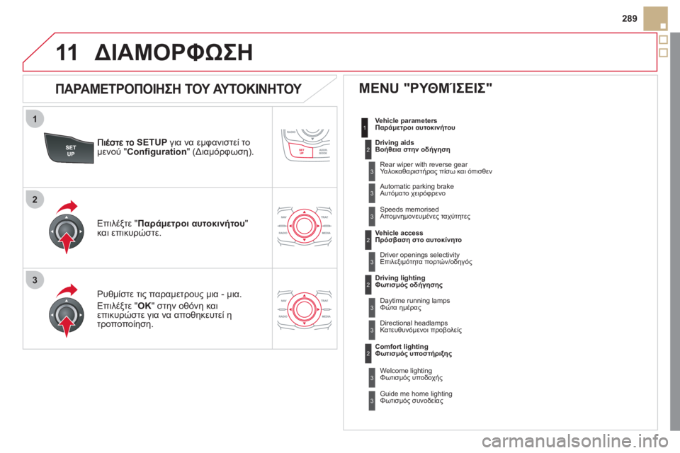 CITROEN DS5 2012  ΟΔΗΓΌΣ ΧΡΉΣΗΣ (in Greek) 1
2
3
11
289
SETUPγια να εμφανιστεί το 
μενού " Conﬁ guration" (Διαμόρφωση).  
Ρυθμίστε τι
ς παραμετρους μια - μια. 
Επιλέ
ξτε "OK