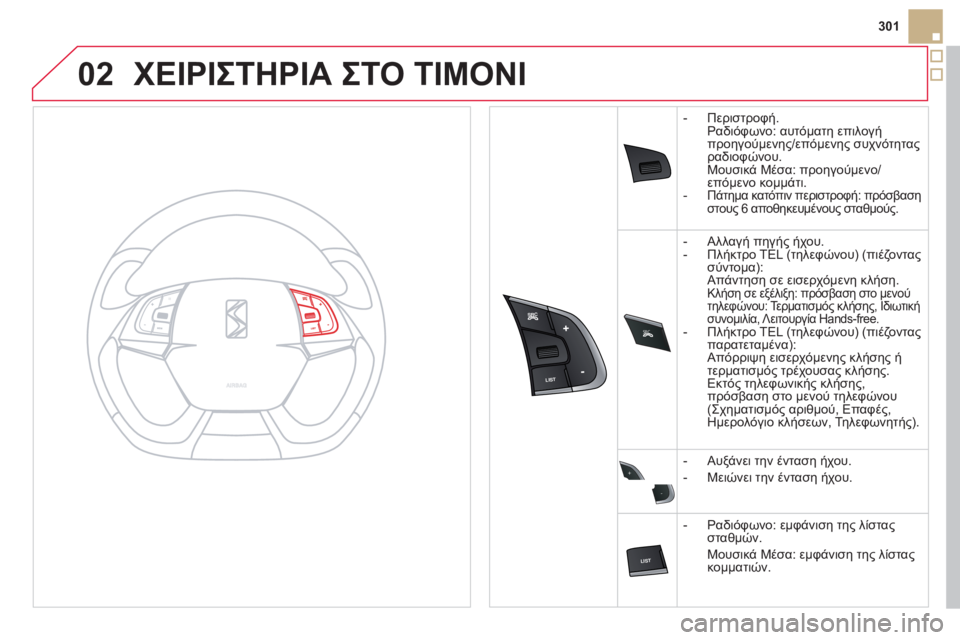 CITROEN DS5 2012  ΟΔΗΓΌΣ ΧΡΉΣΗΣ (in Greek) 02
SRC



+
-
301
ΧΕΙΡΙΣΤΗΡΙΑ ΣΤΟ ΤΙΜΟΝΙ
-  Περιστροφή.
Ραδιόφωνο: αυτόματη επιλογή
προηγούμενη