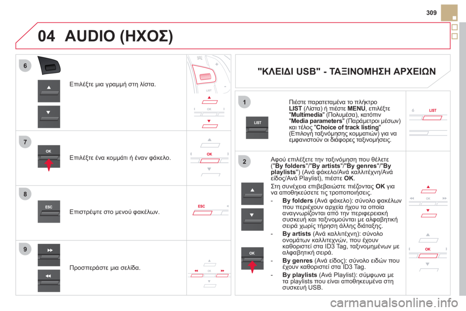 CITROEN DS5 2012  ΟΔΗΓΌΣ ΧΡΉΣΗΣ (in Greek) 7
6
8
9
2
1
04
309
Επιλέ
ξτε μια γραμμή στη λίστα.  
Επιλέ
ξτε ένα κομμάτι ή έναν φάκελο.  
Π
ροσπεράστε μια σελίδα. Επισ
