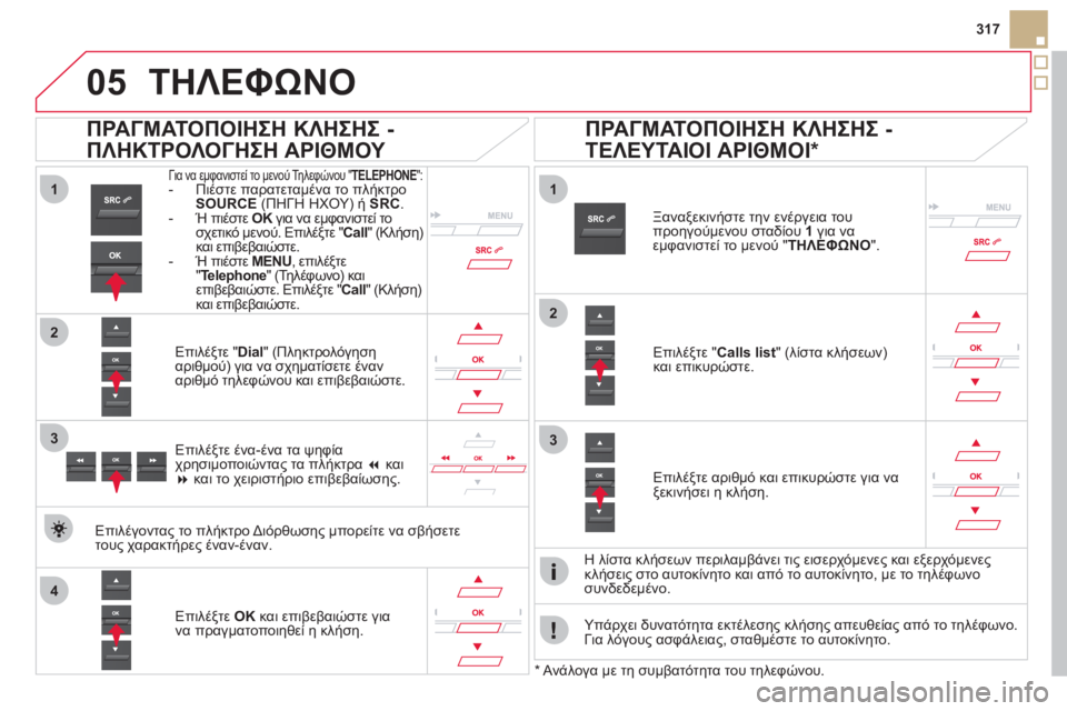 CITROEN DS5 2012  ΟΔΗΓΌΣ ΧΡΉΣΗΣ (in Greek)  
  
1
2
1
4
2
33
05
317
ΤΗΛΕΦΩΝΟ
Για να εμφανιστεί το μενού Τηλεφώνου " TELEPHONE ": -  Πιέστε παρατεταμένα το πλήκτροSOURCE 
 (ΠΗ