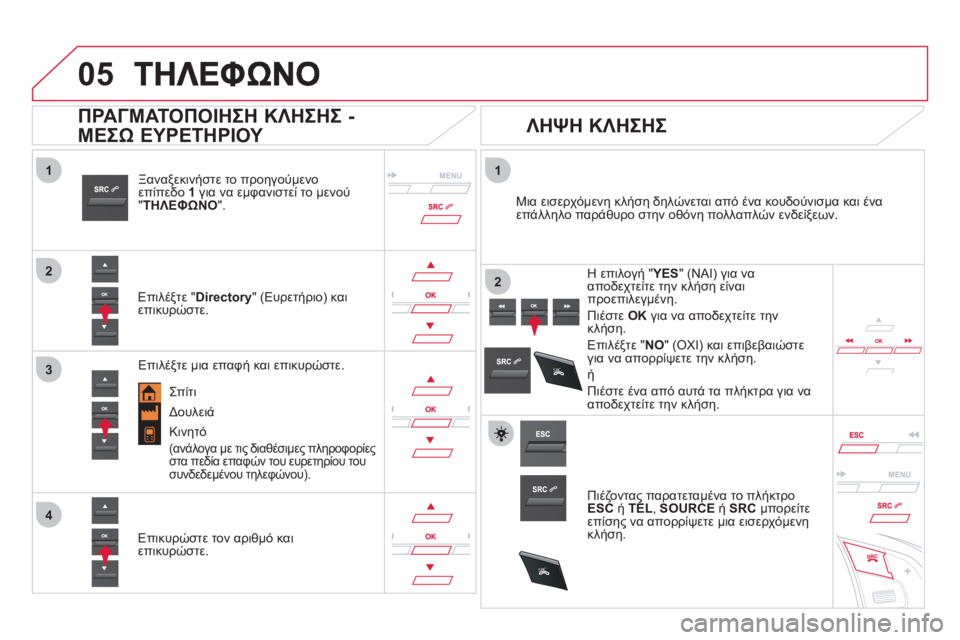 CITROEN DS5 2012  ΟΔΗΓΌΣ ΧΡΉΣΗΣ (in Greek)  
  
1
2
1
4
2
3
05
SR
C
SR
C
Ξαναξεκινήστε το προηγούμενοεπίπεδο 1για να εμφανιστεί το μενού"ΤΗΛΕΦΩΝΟ".  
   
Επιλέ
ξτε " Direct