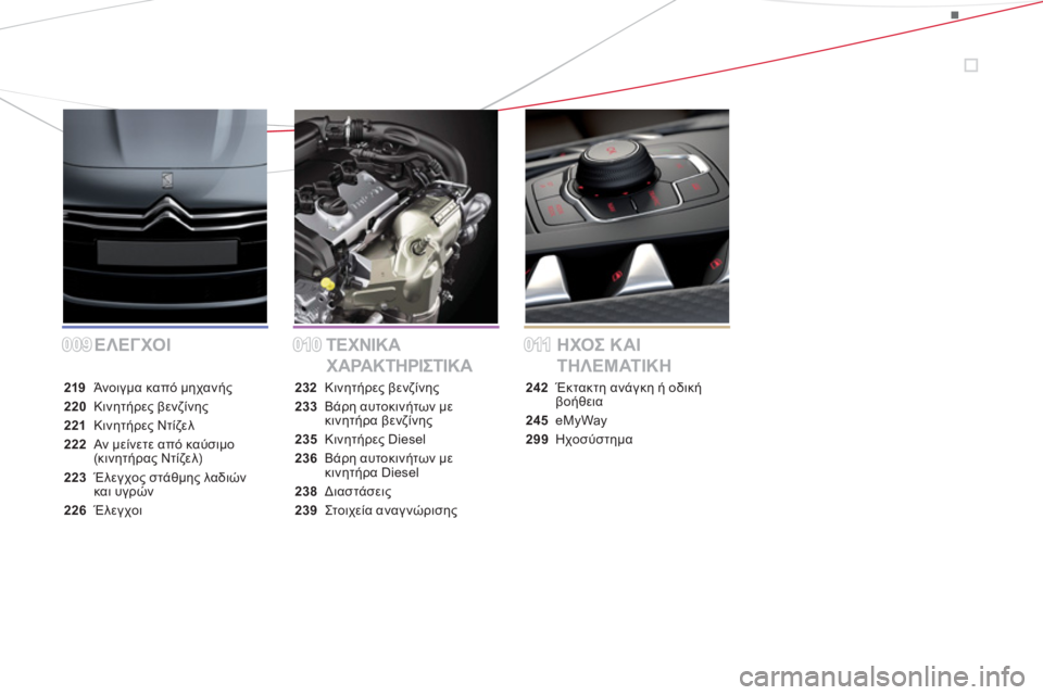 CITROEN DS5 2012  ΟΔΗΓΌΣ ΧΡΉΣΗΣ (in Greek) 009009010010011011ΕΛΕΓΧΟΙ ΤΕΧΝΙΚΑ 
ΧΑΡΑΚΤΗΡΙΣΤΙΚΑΗΧΟΣ ΚΑΙ 
ΤΗΛΕΜΑΤΙΚΗ
219 Άνοιγμα καπό μηχανής
220 Κινητήρες βενζίνης
22