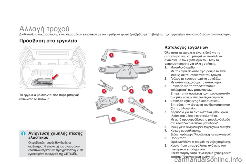 CITROEN DS5 2011  ΟΔΗΓΌΣ ΧΡΉΣΗΣ (in Greek)    
 
 
 
 
 
 
 
 
 
Αλλαγή τροχού  
Διαδικασία αντικατάστασης ενός σκασμένου ελαστικού με τον εφεδρικό τροχό (ρεζέρβ
