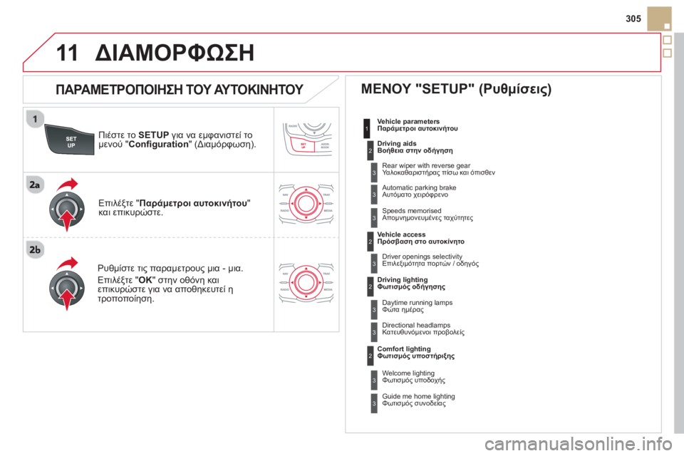 CITROEN DS5 HYBRID 2013  ΟΔΗΓΌΣ ΧΡΉΣΗΣ (in Greek) 11
305
Πι
έστε το SETUPγια να εμφανιστεί το 
μενού " Conﬁ guration 
" (Διαμόρφωση).  
Ρυθμίστε τι
ς παραμετρους μια - μια. 
Επι
