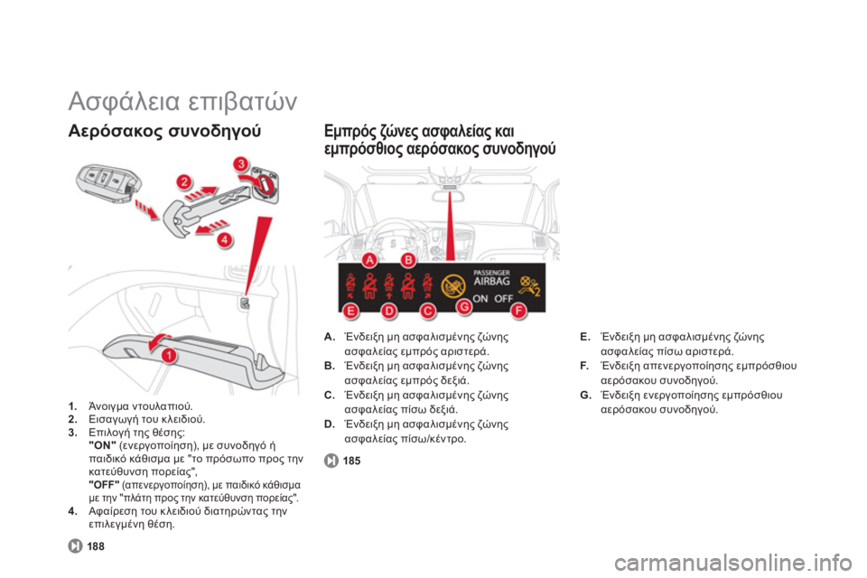 CITROEN DS5 HYBRID 2012  ΟΔΗΓΌΣ ΧΡΉΣΗΣ (in Greek)   Ασφάλεια επιβατών 
1. 
 Άνοιγμα ντουλαπιού. 2. 
 Εισαγωγή του κλειδιού.3.Επιλογή της θέσης:
"ON" 
 (ενεργοποίηση), με