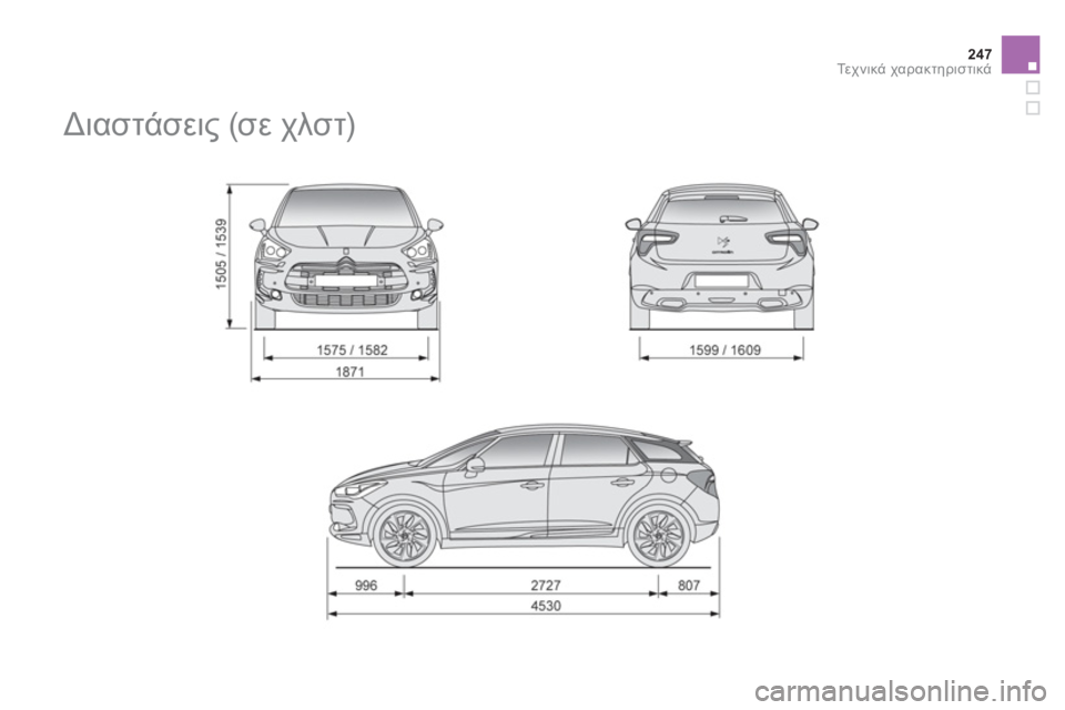 CITROEN DS5 HYBRID 2012  ΟΔΗΓΌΣ ΧΡΉΣΗΣ (in Greek) 247Τε χ ν ι κ ά χαρακτηριστικά
 
 
 
 
 
 
Διαστάσεις (σε χλστ)  