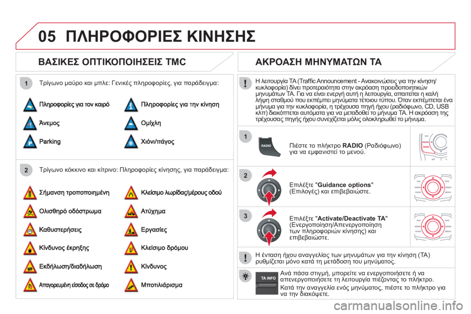 CITROEN DS5 HYBRID 2012 ΟΔΗΓΌΣ ΧΡΉΣΗΣ (in Greek) 05
2 1
1
2
3
ΠΛΗΡΟΦΟΡΙΕΣ ΚΙΝΗΣΗΣ
ΒΑΣΙΚΕΣ ΟΠΤΙΚΟΠΟΙΗΣΕΙΣ TMC
Τρίγωνο κόκκινο και κίτρινο: Πληροφορίες κίν CITROEN DS5 HYBRID 2012 ΟΔΗΓΌΣ ΧΡΉΣΗΣ (in Greek) 05
2 1
1
2
3
ΠΛΗΡΟΦΟΡΙΕΣ ΚΙΝΗΣΗΣ
ΒΑΣΙΚΕΣ ΟΠΤΙΚΟΠΟΙΗΣΕΙΣ TMC
Τρίγωνο κόκκινο και κίτρινο: Πληροφορίες κίν