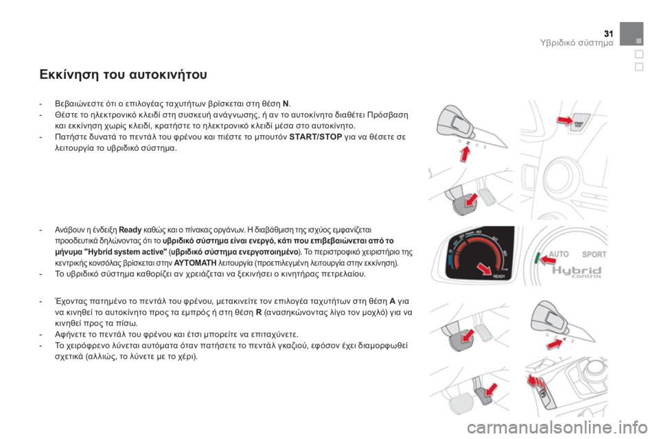 CITROEN DS5 HYBRID 2012 ΟΔΗΓΌΣ ΧΡΉΣΗΣ (in Greek) Υβριδικό σύστημα
Εκκίνηση του αυτοκινήτου
- Βεβαιώνεστε ότι ο επιλογέας ταχυτήτων βρίσκεται στη θέση N. CITROEN DS5 HYBRID 2012 ΟΔΗΓΌΣ ΧΡΉΣΗΣ (in Greek) Υβριδικό σύστημα
Εκκίνηση του αυτοκινήτου
- Βεβαιώνεστε ότι ο επιλογέας ταχυτήτων βρίσκεται στη θέση N.