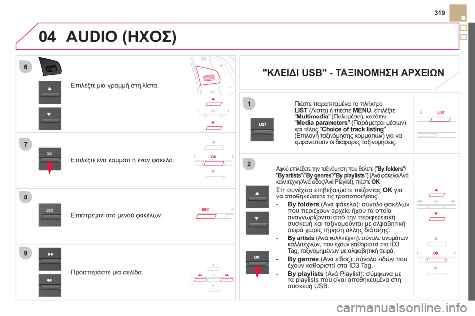 CITROEN DS5 HYBRID 2012  ΟΔΗΓΌΣ ΧΡΉΣΗΣ (in Greek) 7
6
8
9
2
1
04
319
Επιλέ
ξτε μια γραμμή στη λίστα.  
Επιλέ
ξτε ένα κομμάτι ή έναν φάκελο.  
Π
ροσπεράστε μια σελίδα. Επισ