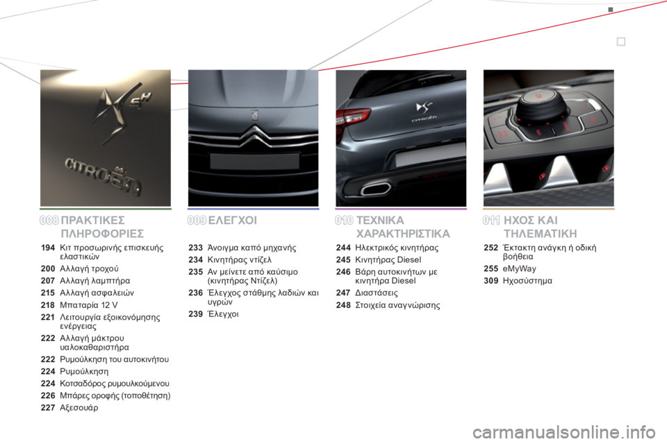 CITROEN DS5 HYBRID 2012  ΟΔΗΓΌΣ ΧΡΉΣΗΣ (in Greek) ΕΛΕΓΧΟΙ ΠΡΑΚΤΙΚΕΣ 
ΠΛΗΡΟΦΟΡΙΕΣΤΕΧΝΙΚΑ 
ΧΑΡΑΚΤΗΡΙΣΤΙΚΑΗΧΟΣ ΚΑΙ 
ΤΗΛΕΜΑΤΙΚΗ
194 Κιτ προσωρινής επισκευήςελαστ