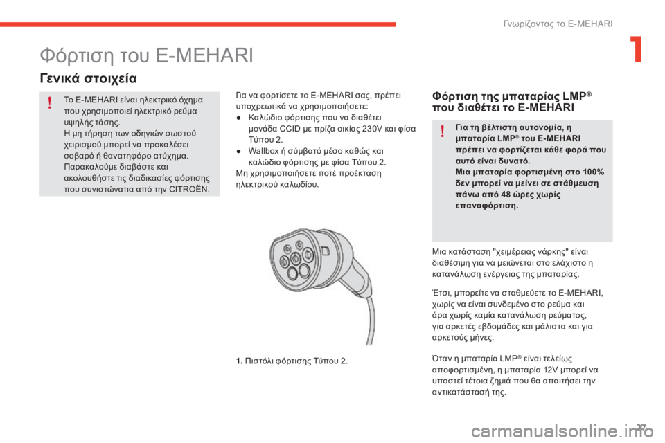 CITROEN E-MEHARI 2017  ΟΔΗΓΌΣ ΧΡΉΣΗΣ (in Greek) 27
e-mehari_el_Chap01_faite-connaissance_ed03-2016
Το E-MEHARI είναι ηλεκτρικό όχημα 
που χρησιμοποιεί ηλεκτρικό ρεύμα 
υψηλής τάσης.
η
 