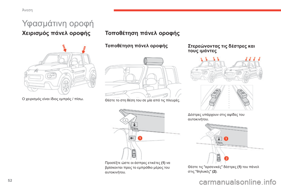 CITROEN E-MEHARI 2017  ΟΔΗΓΌΣ ΧΡΉΣΗΣ (in Greek) 52
e-mehari_el_Chap03_confort_ed03-2016
Υφασμάτινη οροφή
Χειρισμός πάνελ οροφής
ό χειρισμός είναι ίδιος εμπρός / πίσω.
Τοποθέτη