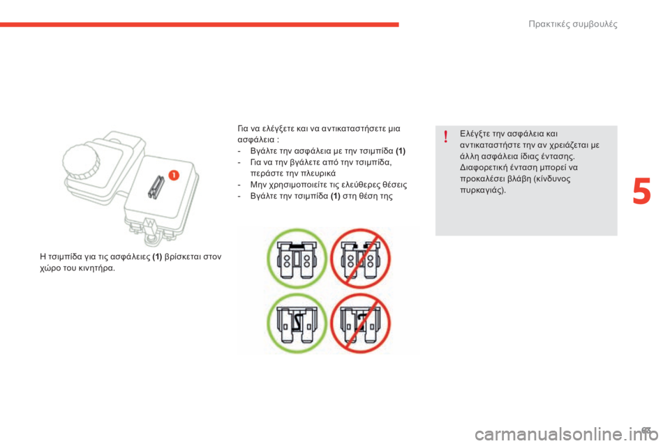 CITROEN E-MEHARI 2017  ΟΔΗΓΌΣ ΧΡΉΣΗΣ (in Greek) 63
e-mehari_el_Chap05_conseils-pratiques_ed03-2016
Ελέγξτε την ασφάλεια και 
αντικαταστήστε την αν χρειάζεται με 
άλ λη ασφάλεια ίδι