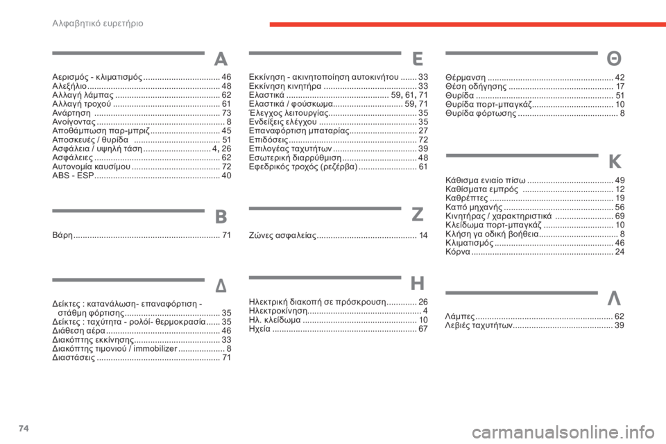 CITROEN E-MEHARI 2017  ΟΔΗΓΌΣ ΧΡΉΣΗΣ (in Greek) 74
e-mehari_el_Chap07_index-alpha_ed03-2016
Αερισμός - κ λιματισμός .................................46
Α λεξήλιο ......................................................... 4