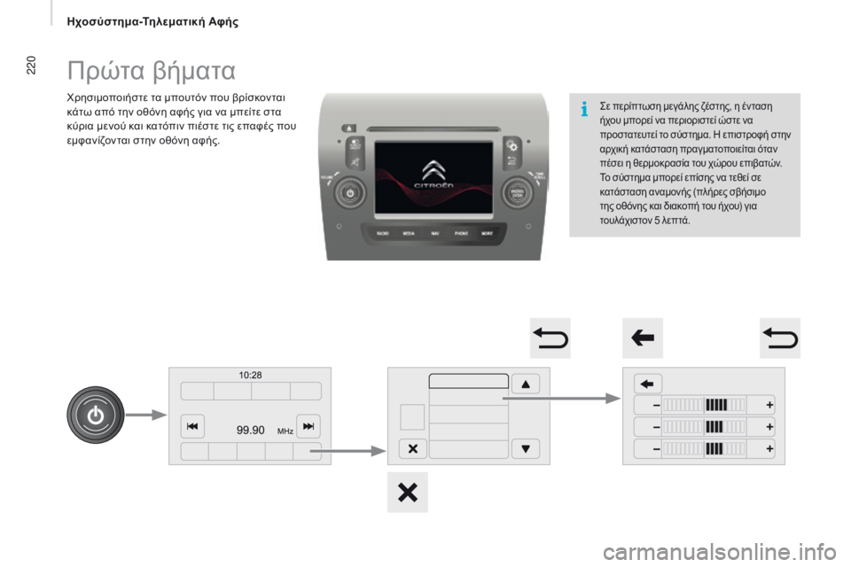CITROEN JUMPER 2017  ΟΔΗΓΌΣ ΧΡΉΣΗΣ (in Greek) 220
Jumper_el_Chap11a_Autoradio-Fiat-tactile-1_ed01-2016
Πρώτα βήματα
χρησιμοποιήστε τα μπουτόν που βρίσκονται 
κάτω από την οθόνη αφή