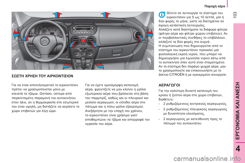 CITROEN NEMO 2013  ΟΔΗΓΌΣ ΧΡΉΣΗΣ (in Greek)  103
4
ΕΡΓΟΝΟΜΙΑ ΚΑΙ ΑΝΕΣΗ
 
 
 
Παροχή αέρα 
 
 
 
ΣΩΣΤΗ ΧΡΗΣΗ ΤΟΥ ΑΙΡΚΟΝΤΙΣΙΟΝ 
 
Για να έχετε ομοιόμορφη κατανομή 
α