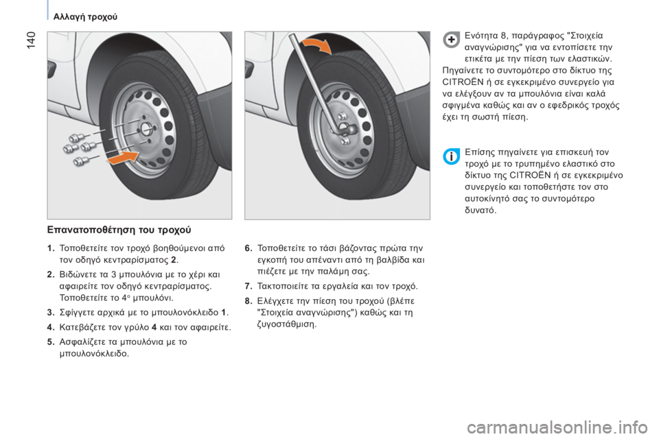 CITROEN NEMO 2013  ΟΔΗΓΌΣ ΧΡΉΣΗΣ (in Greek)  140
 
 
 
Αλλαγή τροχού 
 
 
 
 
Επανατοποθέτηση του τροχού 
 
 
6. 
 Τοποθετείτε το τάσι βάζοντας πρώτα την 
εγκοπή του 