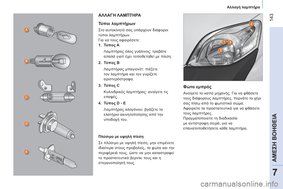 CITROEN NEMO 2013  ΟΔΗΓΌΣ ΧΡΉΣΗΣ (in Greek)  143
7
ΑΜΕΣΗ ΒΟΗΘΕΙΑ
 
 
 
Αλλαγή λαμπτήρα 
 
 
 
 
Φώτα εμπρός 
 
Ανοίγετε το καπό μηχανής. Για να φθάσετε 
τους διάφορ