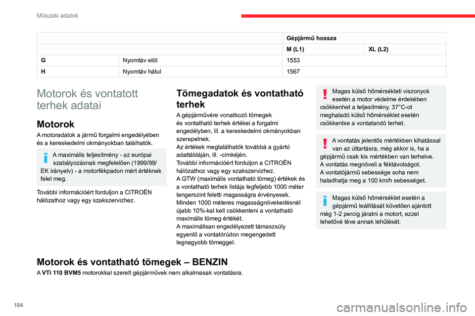 CITROEN BERLINGO VAN 2021 Kezelési útmutató (in Hungarian) 184
Műszaki adatok
Motorok és vontatható tömegek – BENZIN EURO 6.3
MotorPureTech 110 S&S BVM6 PureTech 130 S&S EAT8
Sebességváltó Manuális, 6 fokozatúAutomata, 8 fokozatú
Kód EB2ADT MB6 S CITROEN BERLINGO VAN 2021 Kezelési útmutató (in Hungarian) 184
Műszaki adatok
Motorok és vontatható tömegek – BENZIN EURO 6.3
MotorPureTech 110 S&S BVM6 PureTech 130 S&S EAT8
Sebességváltó Manuális, 6 fokozatúAutomata, 8 fokozatú
Kód EB2ADT MB6 S