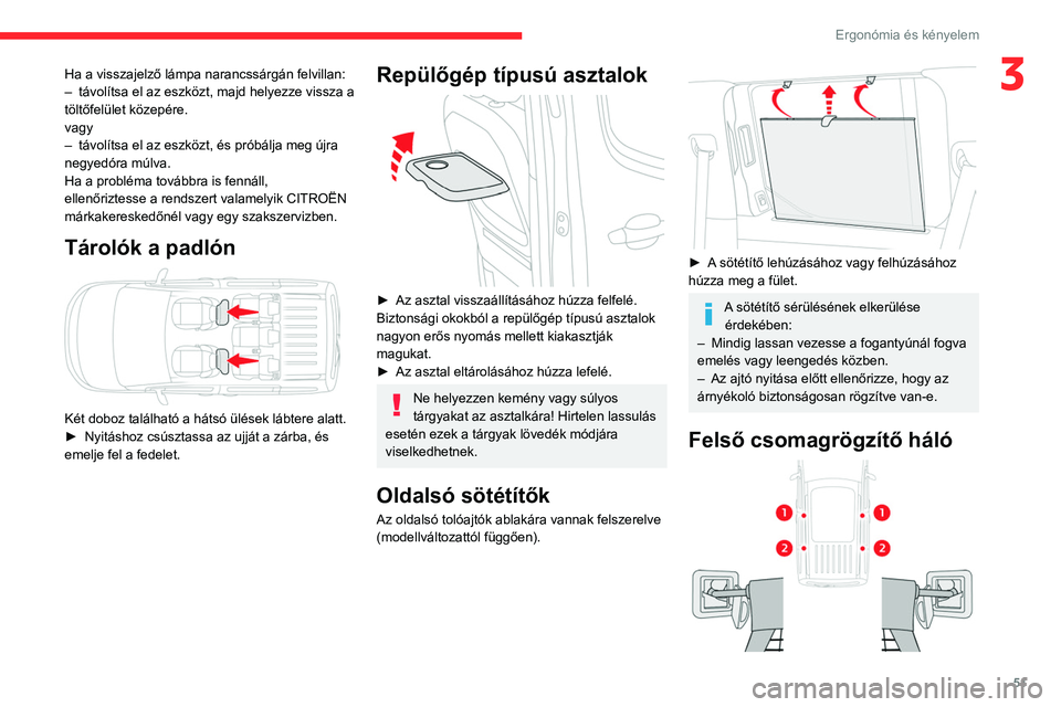 CITROEN BERLINGO VAN 2021  Kezelési útmutató (in Hungarian) 51
Ergonómia és kényelem
3Ha a visszajelző lámpa narancssárgán felvillan:
– távolítsa el az eszközt, majd helyezze vissza a 
töltőfelület közepére.
vagy
–
 
távolítsa el az eszkö